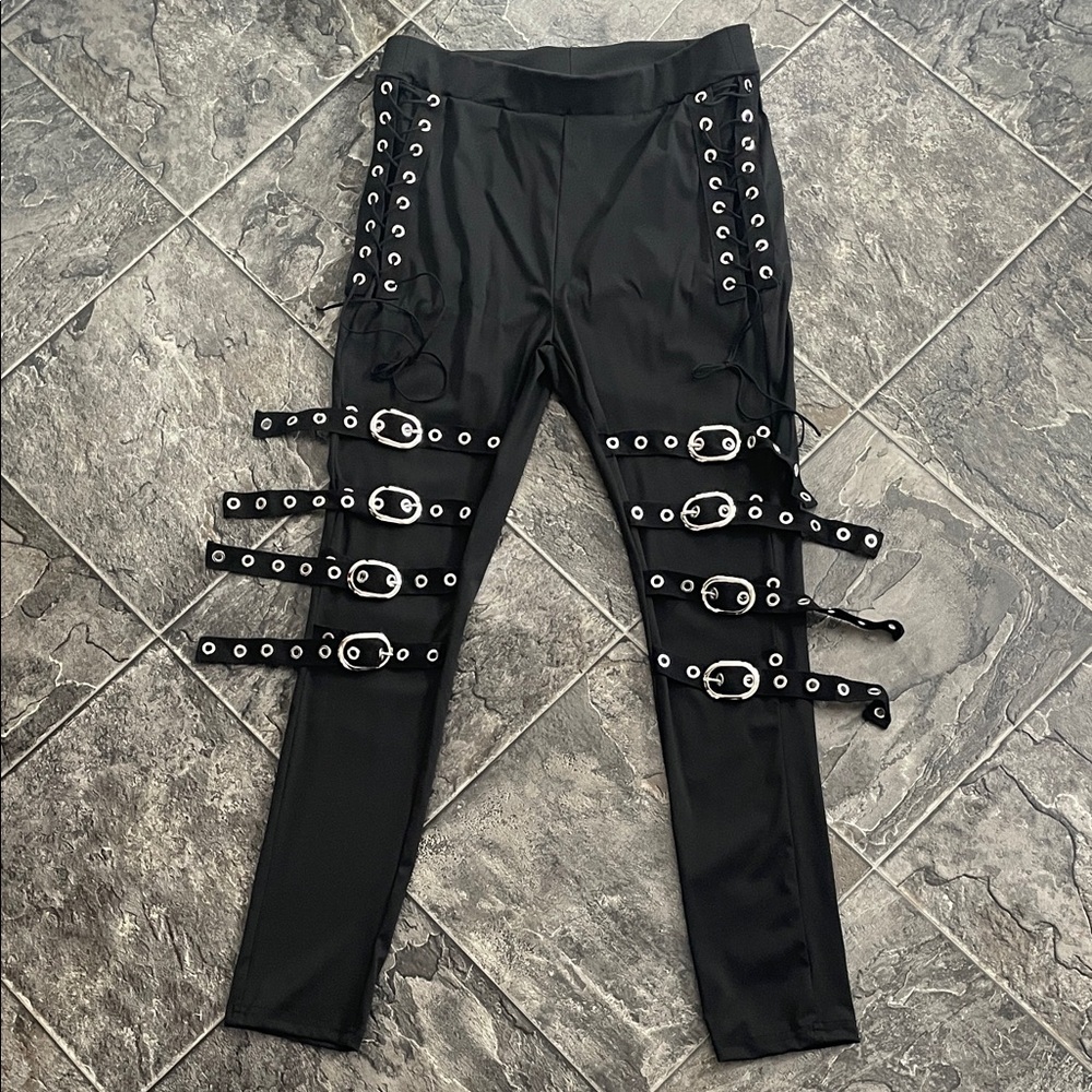 Black Strapped Leggings Buckle and Grommet & Laces Detail Whimsigoth Grunge Y2K
